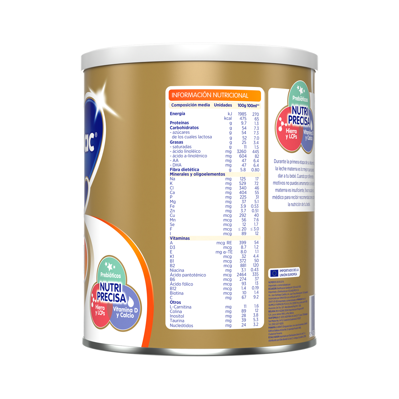 Bebelac Gold 1 Bebelac 1 fórmula láctea de inicio polvo para bebés 0 a 6 meses envase amarillo naranja 900g costado izquierdo - Bebeclub Ecuador