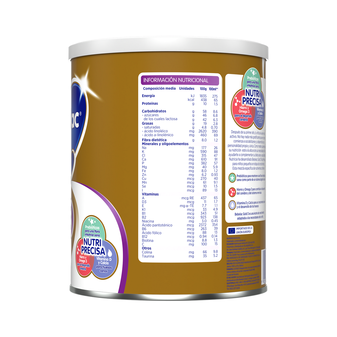 Bebelac Gold 2 Bebelac 2 fórmula láctea de seguimiento polvo para bebés 6 a 12 meses envase amarillo verde 900g costado izquierdo - Bebeclub Ecuador