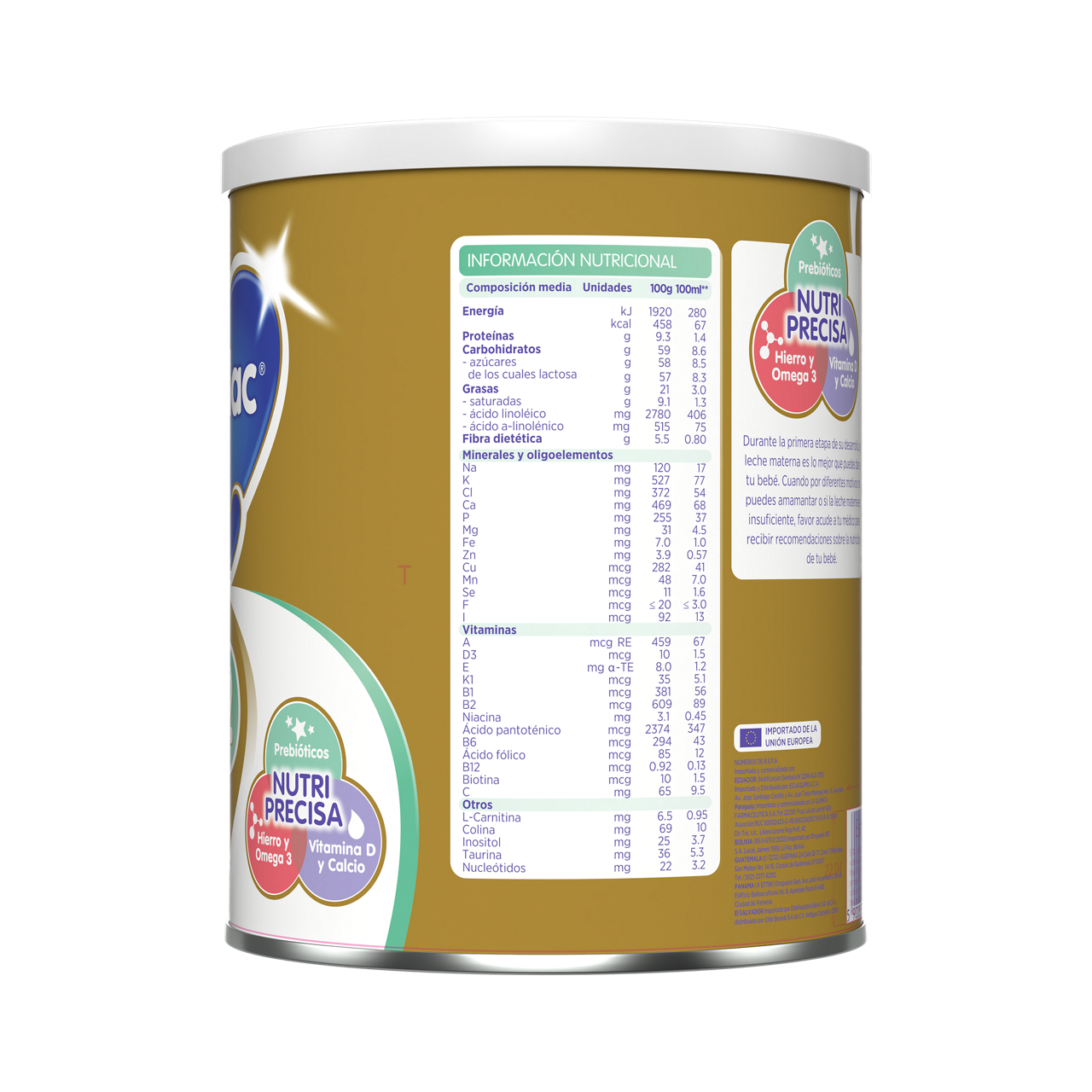 Bebelac Gold 2 Bebelac 2 fórmula láctea de seguimiento polvo para bebés 6 a 12 meses envase amarillo verde 900g costado izquierdo - Bebeclub Ecuador
