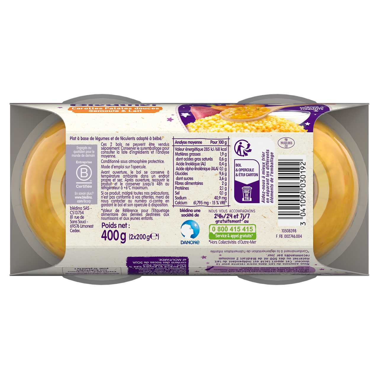 Blédina-Blediner-Carrot Sweet Potato Semolina Milk-8m+-400 g