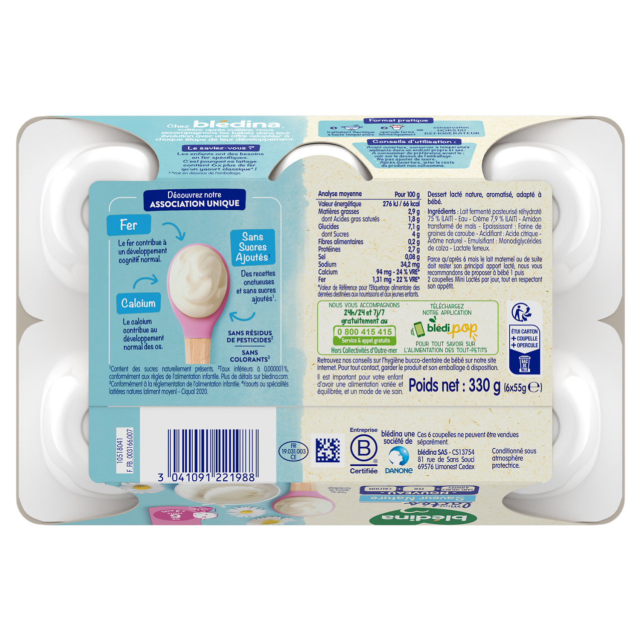 Blédina-Les Mini lactés-Natural-6m+-6 x 55 g