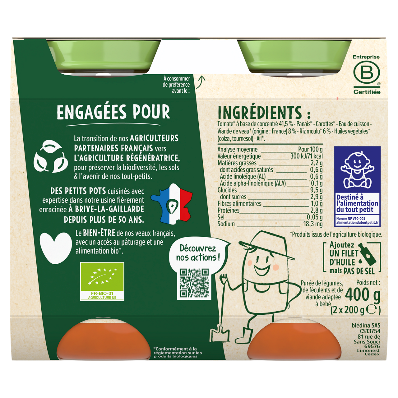 Blédina-Les récoltes bio-Tomato Rice Veal-6m+-400 g