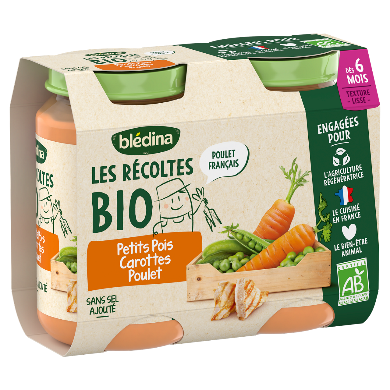 Blédina-Les récoltes bio-Carrot Peas Chicken-6m+-400 g