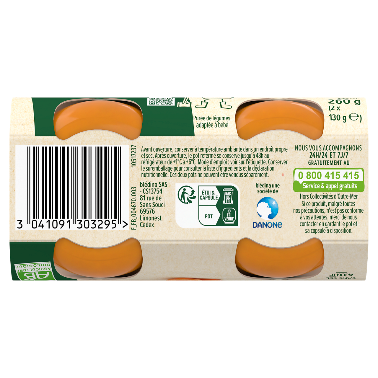 Blédina-Les récoltes bio-Carrot-4m+-2 x 130 g