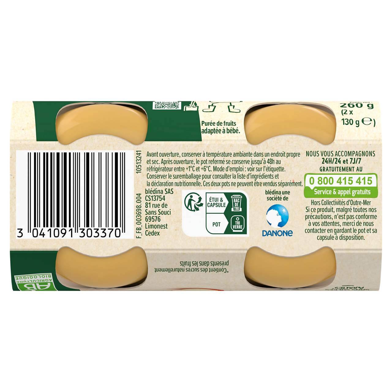 Blédina-Les récoltes bio-Apple Pear-4m+-2 x 130 g