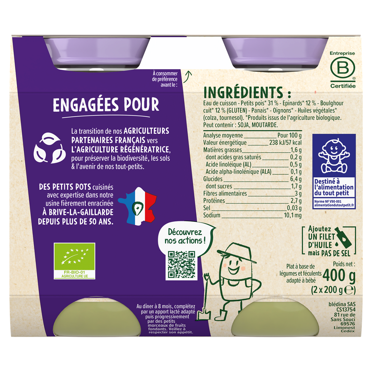 Blédina-Les récoltes bio-Peas Spinach Bulgur-8m+-400 g