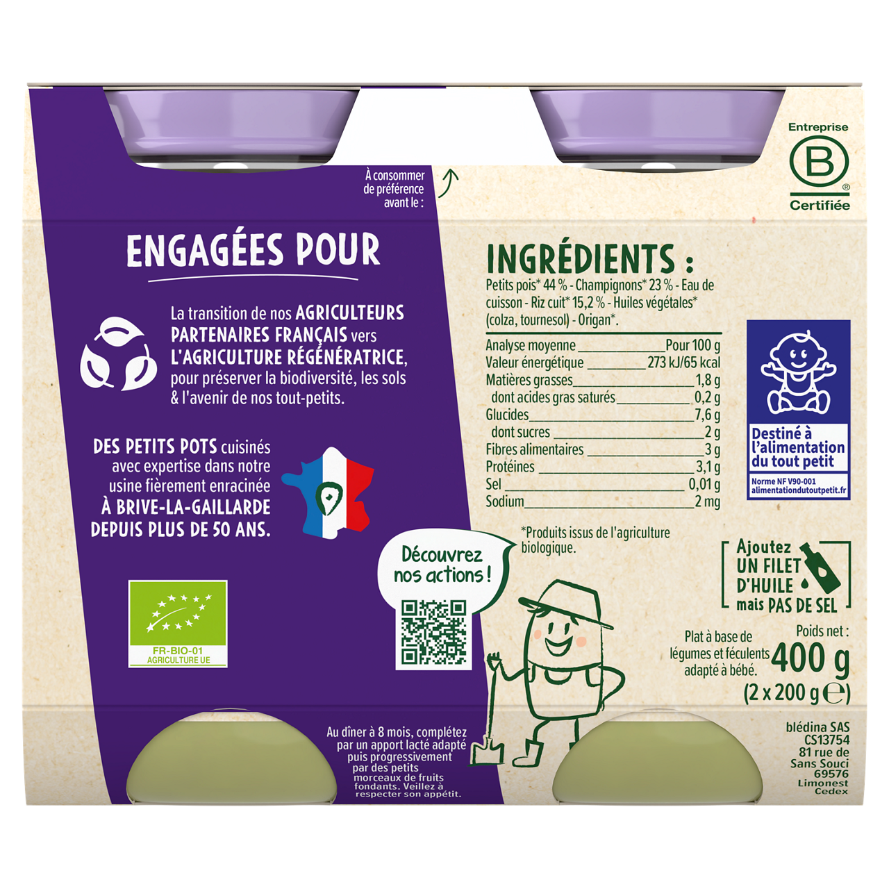 Blédina-Les récoltes bio-Peas Mushroom Rice-8m+-400 g