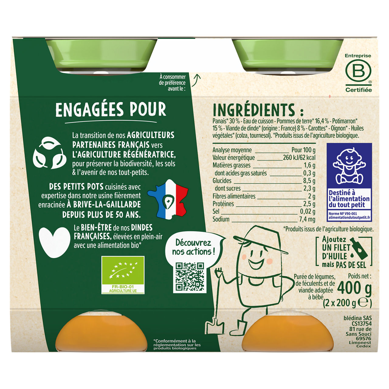Blédina-Les récoltes bio-Parsnip Pumpkin Turkey-8m+-2 x 200 g