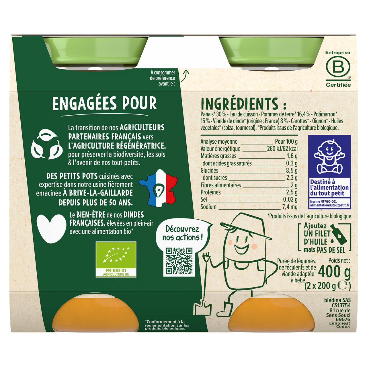 Blédina-Les récoltes bio-Parsnip Pumpkin Turkey-8m+-2 x 200 g