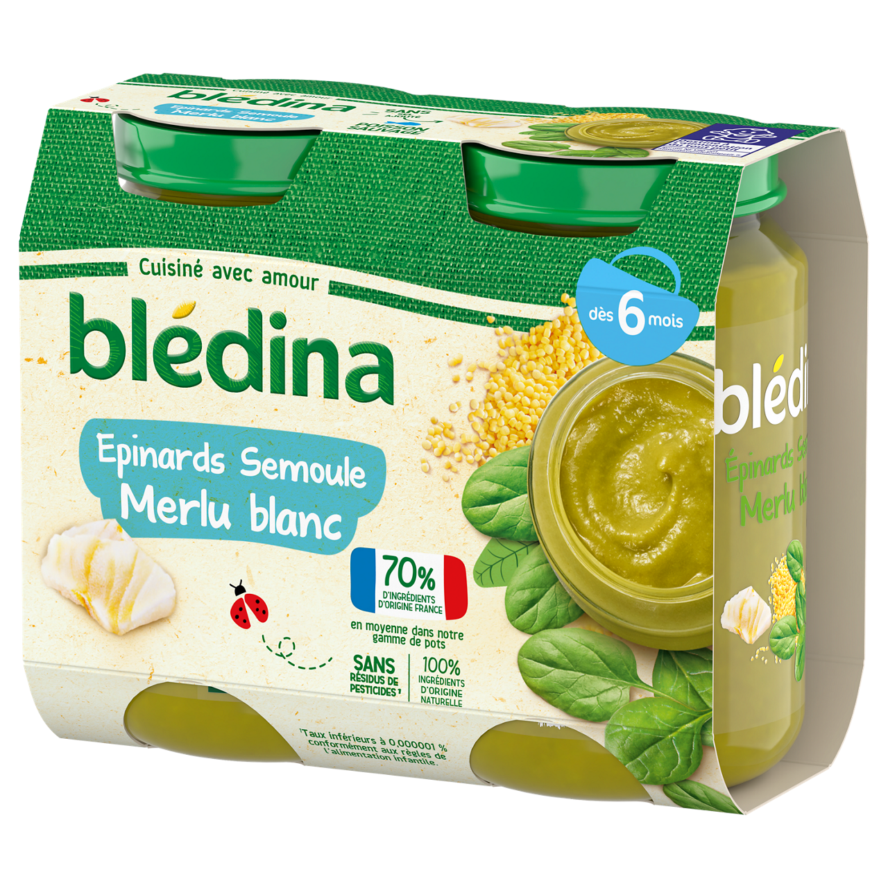 Blédina-Bledina-Spinach Semolina Hake-6m+-2 x 200 g