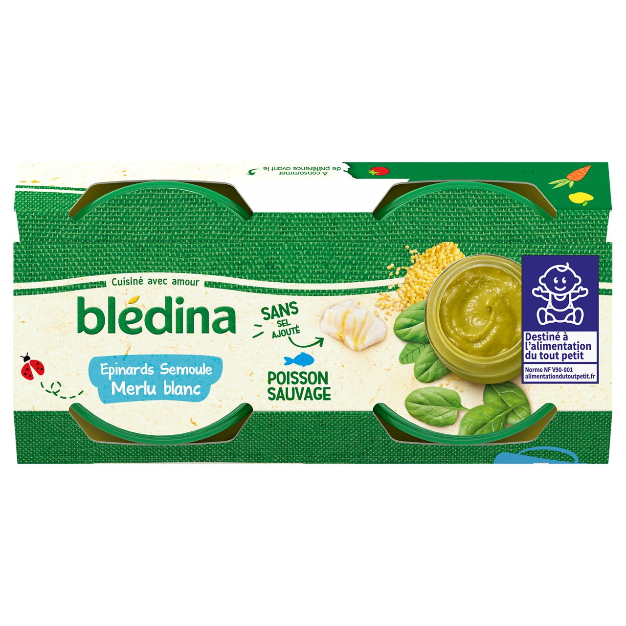 Blédina-Bledina-Spinach Semolina Hake-6m+-2 x 200 g