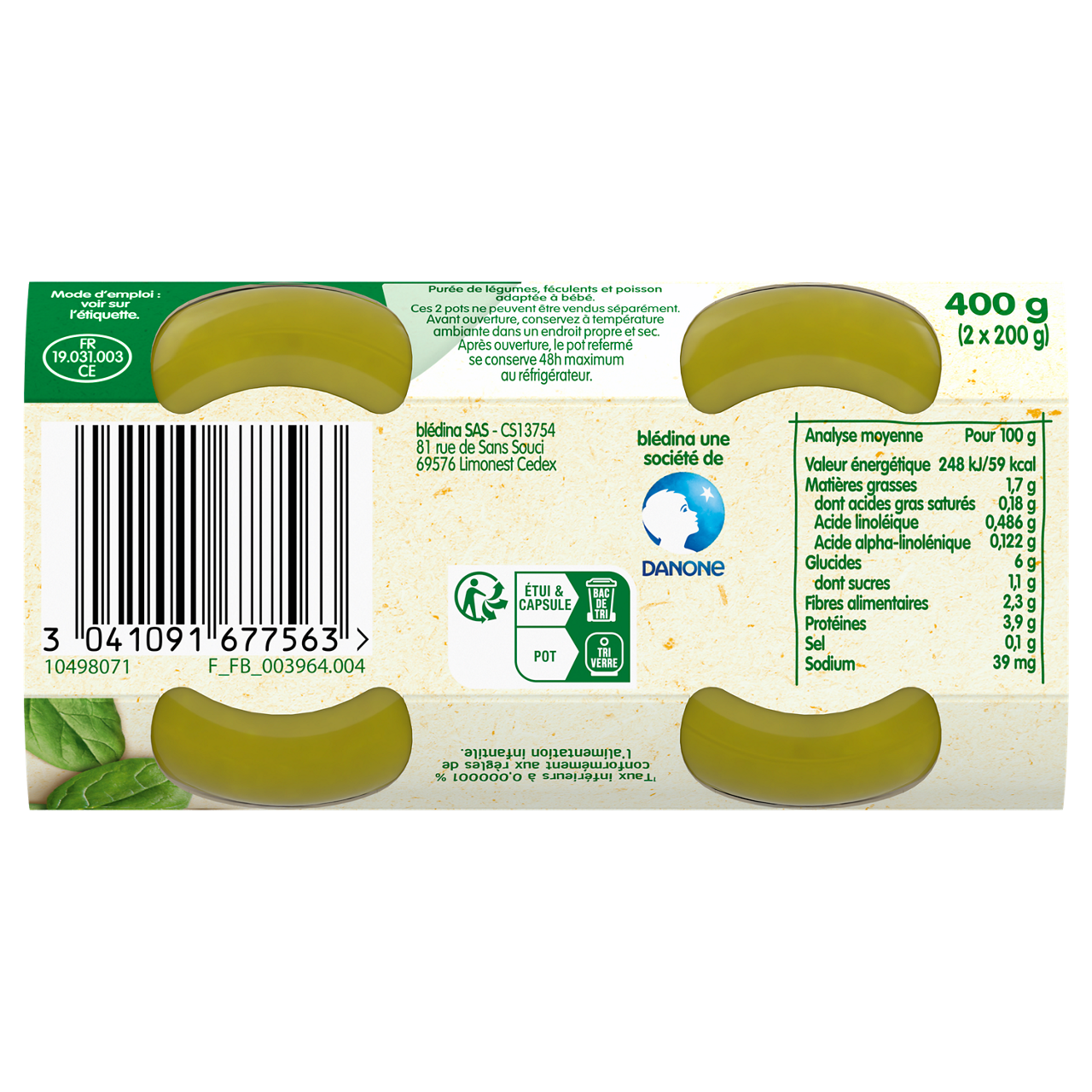 Blédina-Bledina-Spinach Semolina Hake-6m+-2 x 200 g