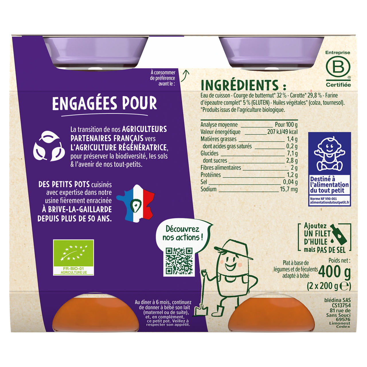 Blédina-Les récoltes bio-Butternut Carrot Bulgur-6m+-400 g
