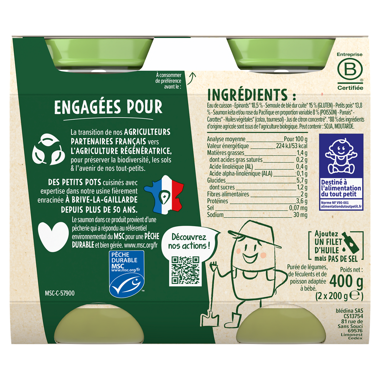 Blédina-Les récoltes bio-Peas Spinach Bulgur-6m+-400 g