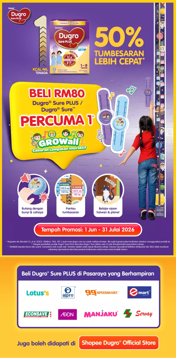 Promotional poster for Dugro Sure PLUS milk powder highlights a special offer with bright purple and yellow graphics. A young child stands against a height chart on the right, emphasizing growth measurement and development. Large text promotes "50% tumbesaran lebih cepat" and a purchase incentive "Beli RM80" with a free Growall item. The bottom section lists participating retailers and the promotion period from 1 Jun to 31 Julai 2026, along with an online store mention.