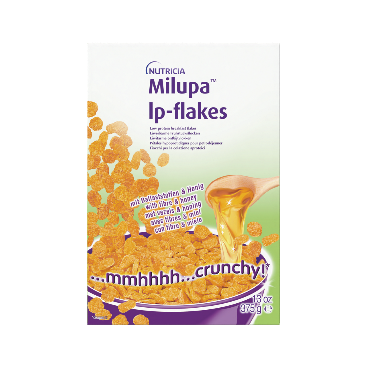 Milupa LP Flakes 375 g – nizkobeljakovinski kosmiči z medom, bogati z vitamini in vlakninami, v škatli bele in modre barve, primerni za prehrano pri presnovnih motnjah.