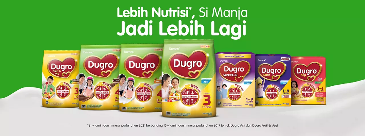 The image displays a lineup of Dugro milk powder products, each featuring vibrant yellow and red packaging. Several packs show images of young children, highlighting the target demographic. The setting is a clean, promotional backdrop with green and white tones, and visible text includes 'Lebih Nutrisi', 'Jadi Lebih Lagi', and numeric values such as '3', '4-6', and '1-3'. The mood is energetic and family-oriented, emphasizing child nutrition.