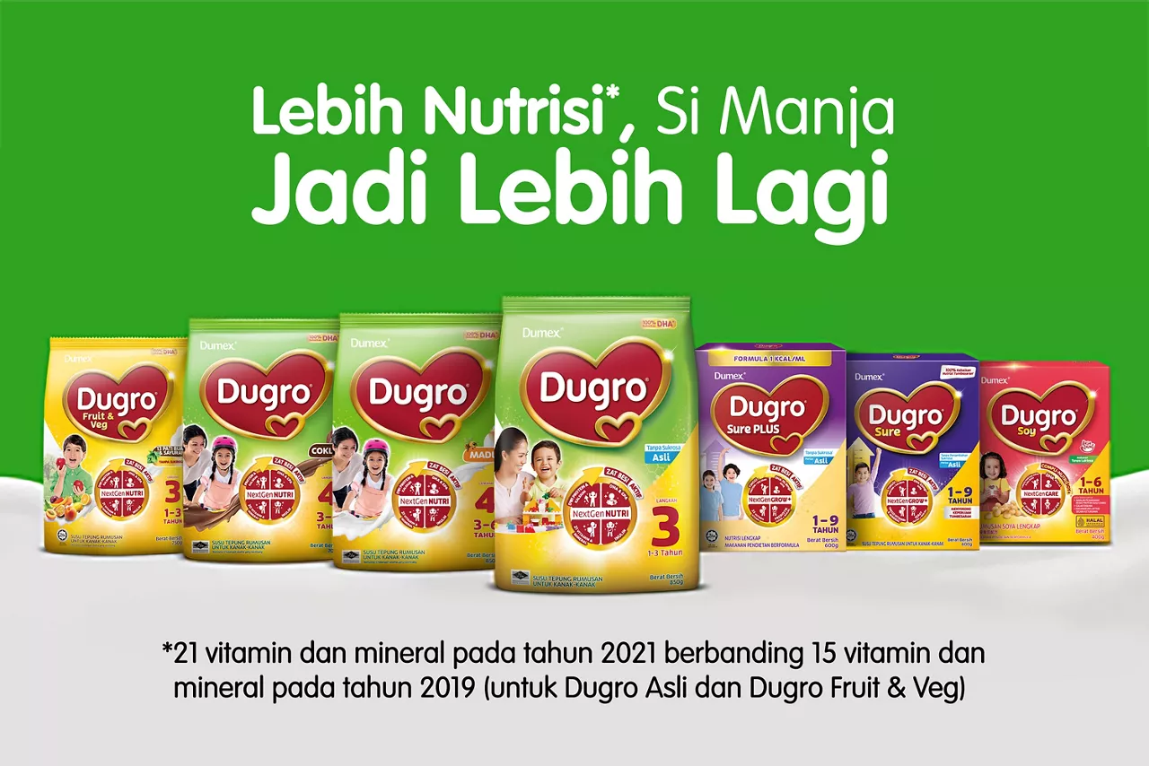 The image features several Dugro milk powder products displayed in a row, each with distinct packaging and visible product names. The setting is a promotional advertisement with a green background and bold text emphasizing enhanced nutrition. Key visuals include product packs, child and family imagery, and numeric references to '21 vitamin dan mineral' and '15 vitamin dan mineral' in the overlay text.