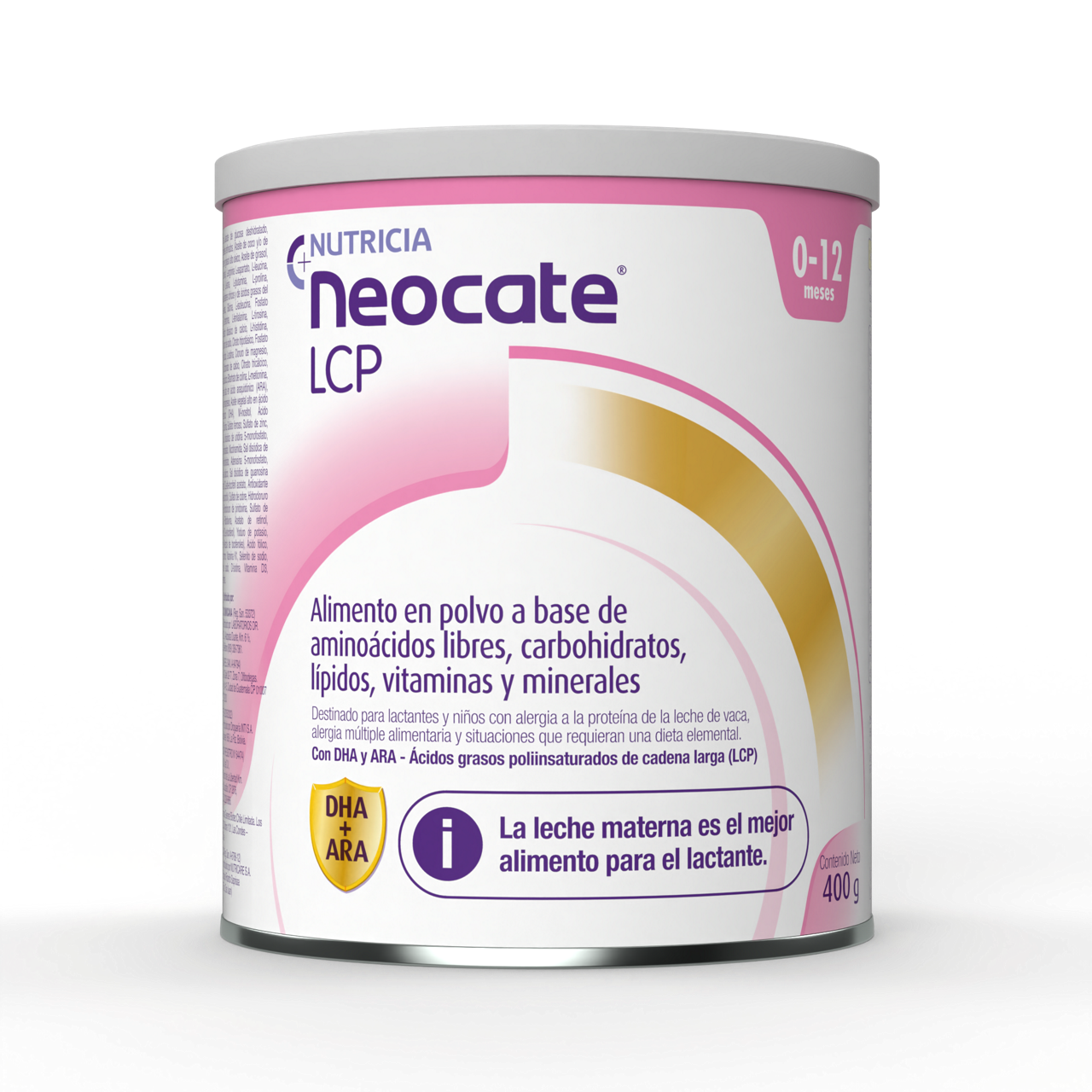 Neocate LCP Fórmula a base de aminoácidos libres (FAA) con DHA y ARA, para lactantes y niños con alergia a la proteína de la leche de vaca, alergia múltiple alimentaria y situaciones que requieran una dieta elemental, fórmula de 0 a 12 meses, lata de 400g