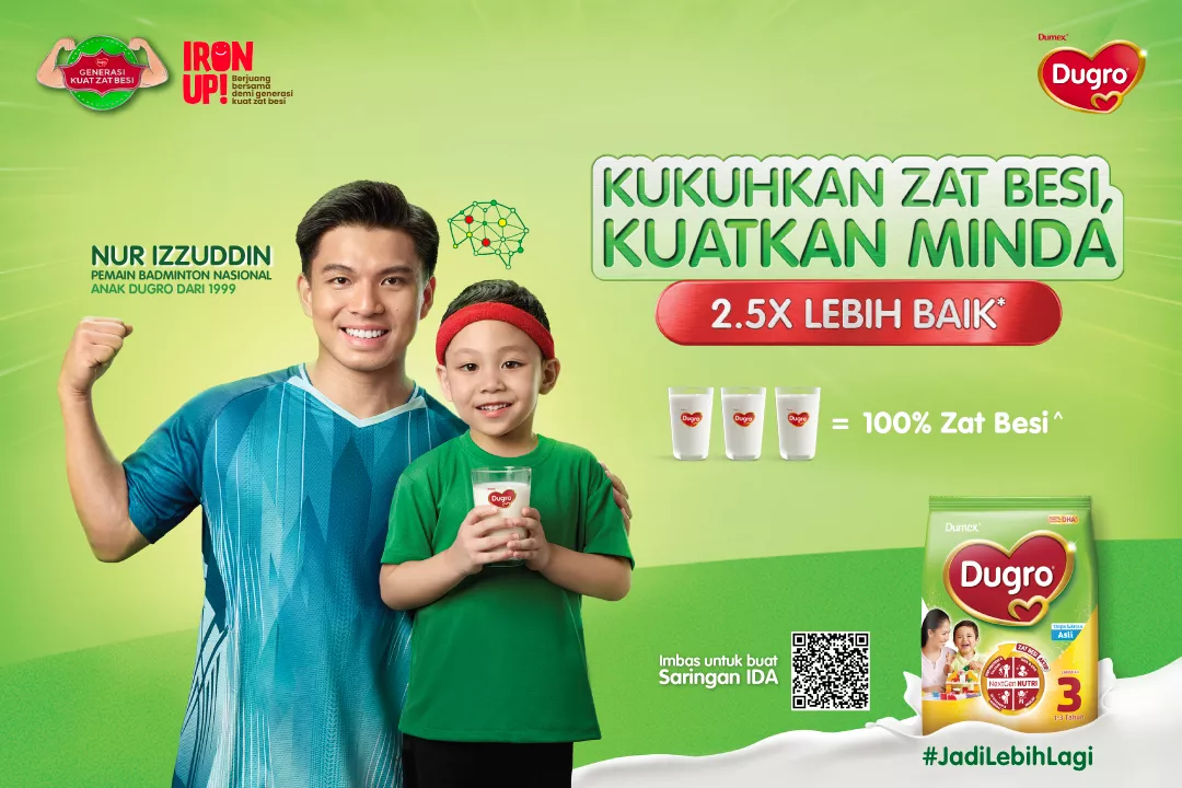 An adult man and a young boy pose in front of a bright green promotional background for Dugro milk drink. The man flexes his arm while the child holds a cup, emphasizing strength and iron intake. Text on the image highlights benefits such as "Kukuhkan Zat Besi, Kuatkan Minda" and "2.5X Lebih Baik" along with a comparison graphic showing "100% Zat Besi". Additional elements include a Dugro 3 product pack, a QR code, and campaign hashtags.