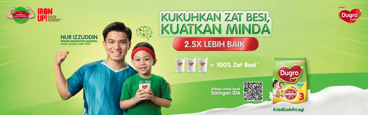 Promotional banner featuring Dugro milk powder with a father and child holding milk glasses. The green background highlights the product pack on the right side and several glasses of milk illustrating nutritional benefits. Large Malay text reads “Kukuhkan Zat Besi, Kuatkan Minda” and “2.5X Lebih Baik” along with “100% Zat Besi”. Additional elements include a QR code, hashtag text, and a badge mentioning iron benefits. The overall design uses bright green and red tones to convey energy and health.