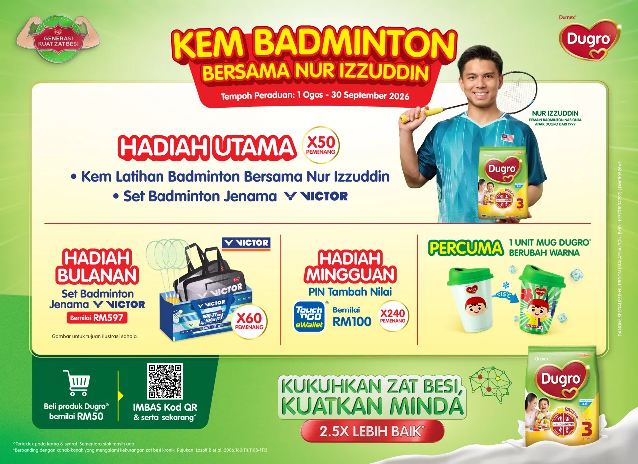 Promotional poster for a Kem Badminton Bersama Nur Izzuddin campaign featuring a smiling badminton player holding a racket. The layout highlights main prizes, monthly and weekly rewards, and a free color-changing mug offer, with clear references to Victor badminton equipment. Bright green and red graphics emphasize benefits such as strengthening iron and improving mind power, including a claim of 2.5x better performance. Text elements show dates from 1 Ogos to 30 September 2026 and various prize values like RM50, RM57, RM100, and quantities such as X50, X60, and X240.