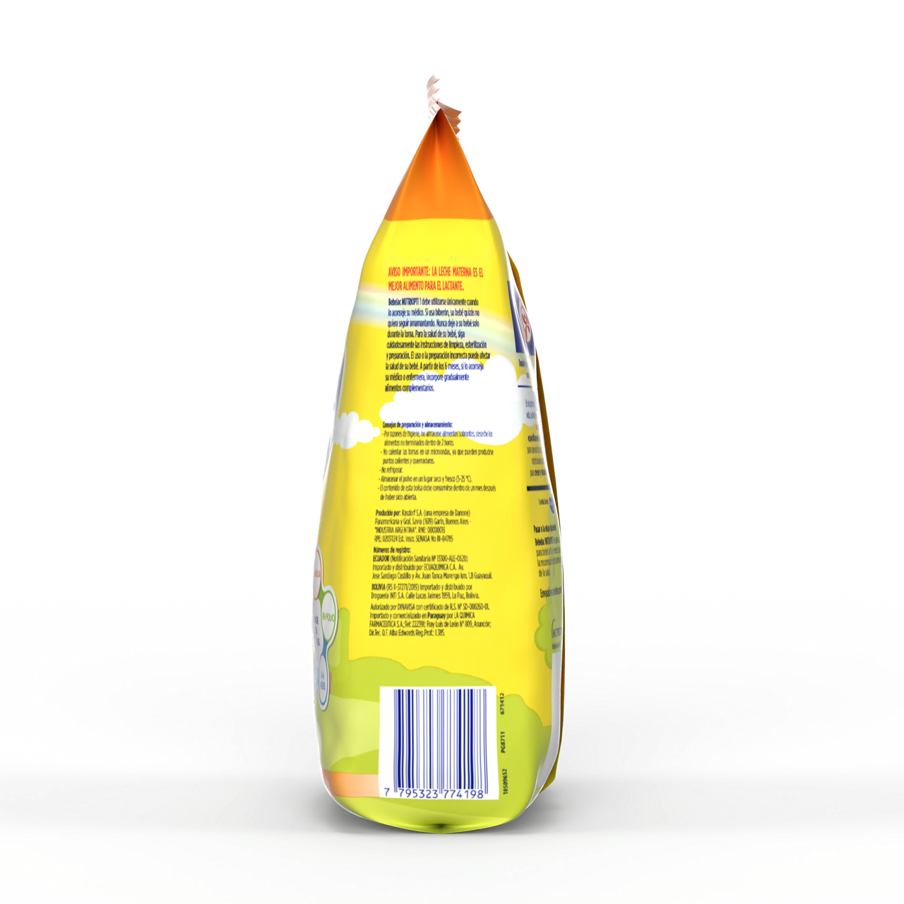 Bebelac NUTRIOPTI 1 fórmula infantil en polvo para bebés de 0 a 6 meses bolsa amarillo naranja 800 g costado izquierdo - Bebeclub Ecuador