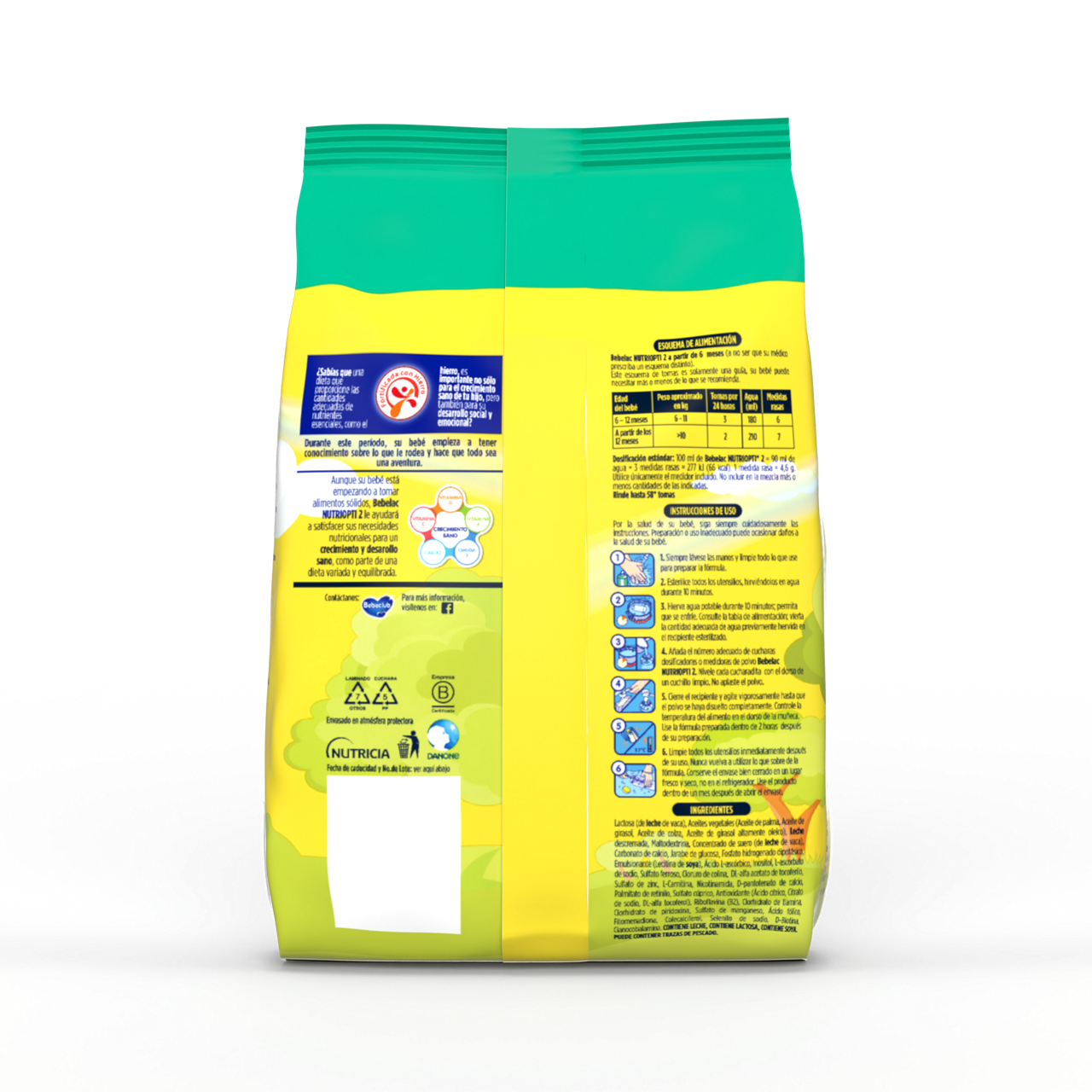 Bebelac NUTRIOPTI 2 fórmula de seguimiento en polvo para bebés a partir de 6 meses bolsa amarillo verde 800 g - Bebeclub Ecuador