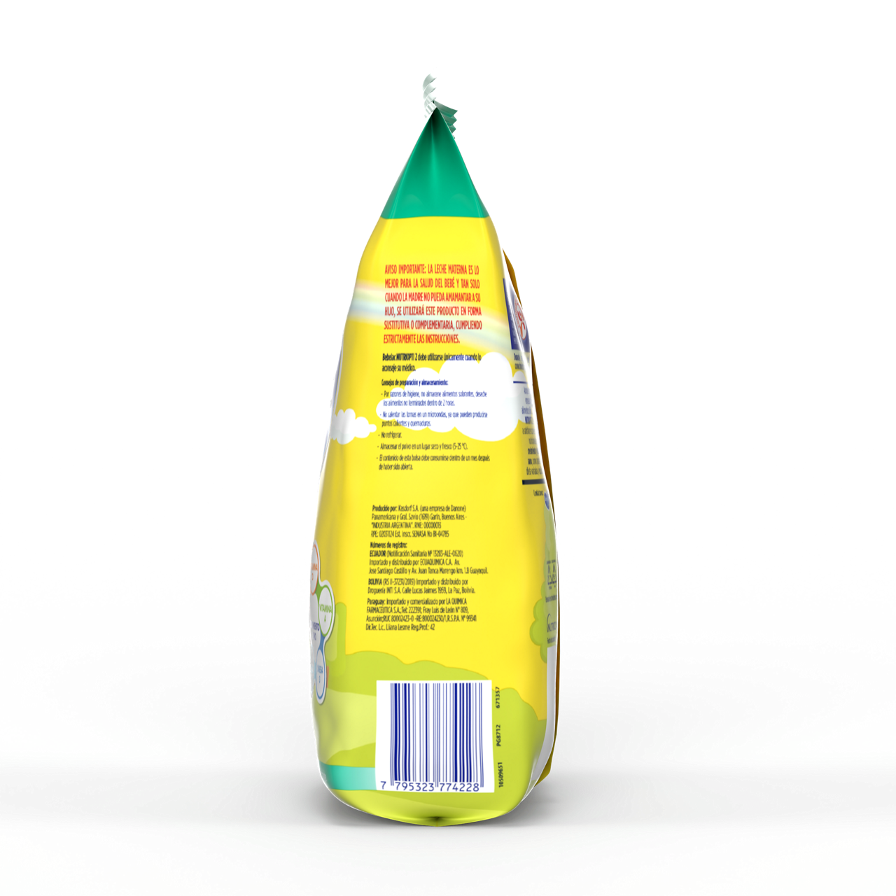 Bebelac NUTRIOPTI 2 fórmula de seguimiento en polvo para bebés a partir de 6 meses bolsa amarillo verde 800 g costado izquierdo - Bebeclub Ecuador