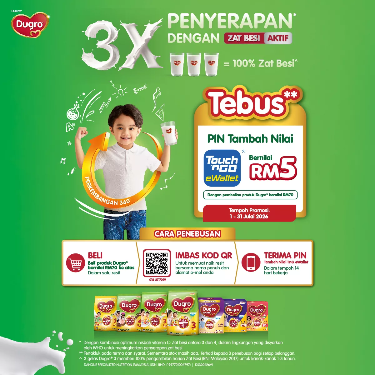 Promotional visual for Dugro milk powder features a child holding a smartphone and a card against a bright green background. The main headline highlights 3X absorption with active iron and 100% iron content, alongside Dugro product packs at the bottom. A large red "Tebus" section promotes a PIN top-up worth RM5 for Touch n Go eWallet, with a QR code and step-by-step redemption instructions. The campaign period is clearly stated as 1–31 July 2026, emphasizing a limited-time offer.