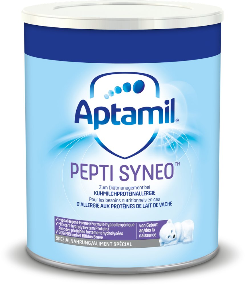 Säuglingsnahrung Aptamil Pepti Syneo in blauer Dose für Babys mit Kuhmilcheiweißallergie, geeignet ab Geburt.