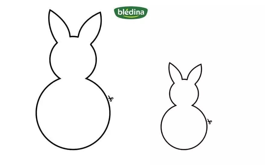 Un simple gabarit en noir et blanc en forme de lapin, disponible en deux tailles. Le motif comprend des lignes pointillees pour la decoupe et le logo Bledina bien visible en haut. Ideal pour les activites manuelles ou creatives.