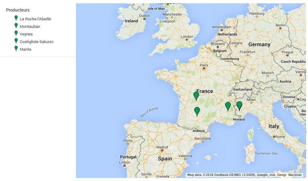 Carte des regions europeennes avec les producteurs indiques