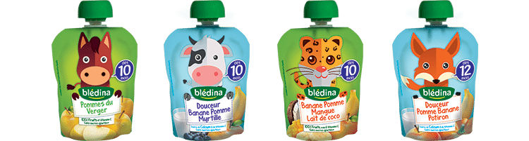 Un ensemble de quatre sachets de puree de fruits Bledina avec des illustrations d'animaux ludiques sur l'emballage. Chaque sachet met en avant differentes saveurs telles que la pomme, la banane, la mangue et la noix de coco, avec des indicateurs numeriques visibles comme � 10 � et � 12 mois � pour indiquer l'�ge recommande. Les couleurs vives et les designs fantaisistes rendent ces sachets attrayants pour les jeunes enfants.