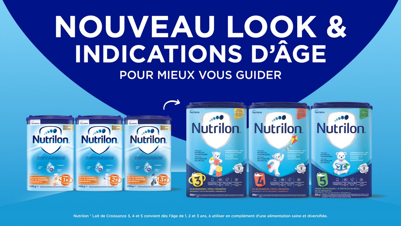 Laits de croissance Nutrilon 3, 4 et 5 avec un nouvel emballage et des repères d’âge faciles à identifier.