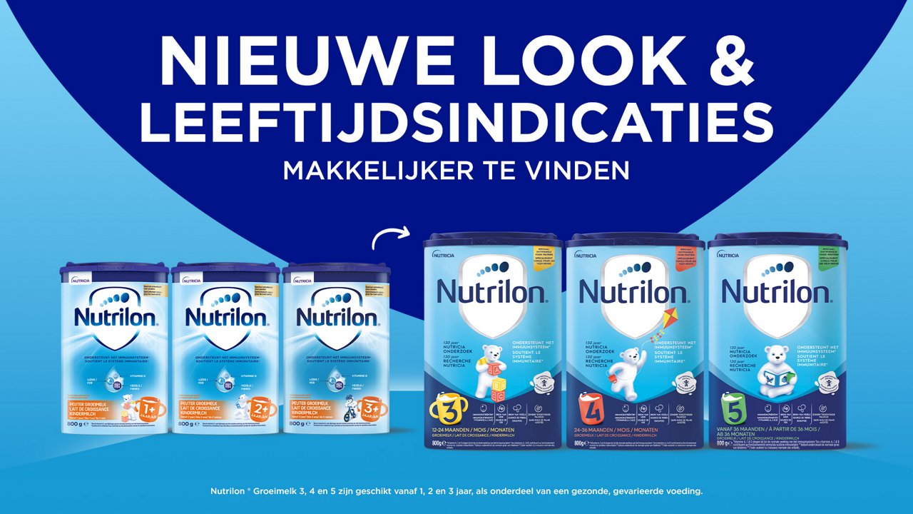 Nutrilon groeimelk 3, 4 en 5 met nieuwe verpakking en duidelijke leeftijdsindicaties.