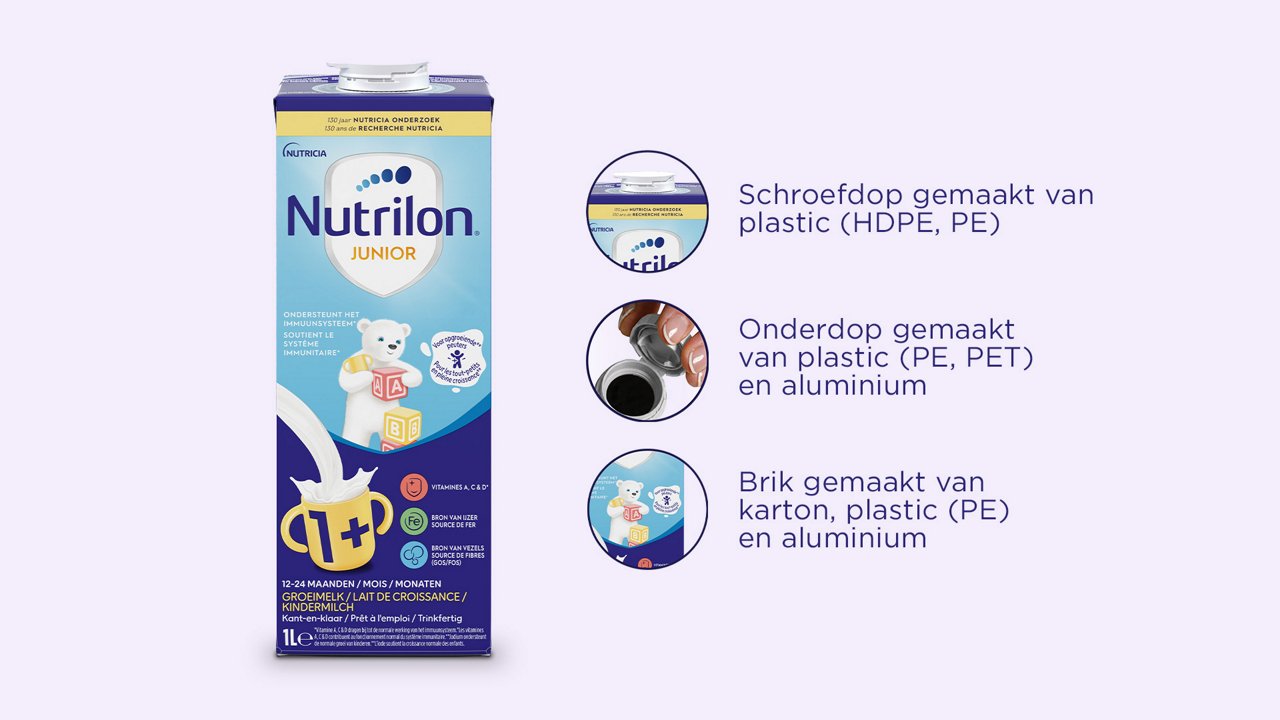 Nutrilon Junior verpakking met schroefdop en brik van plastic, karton en aluminium