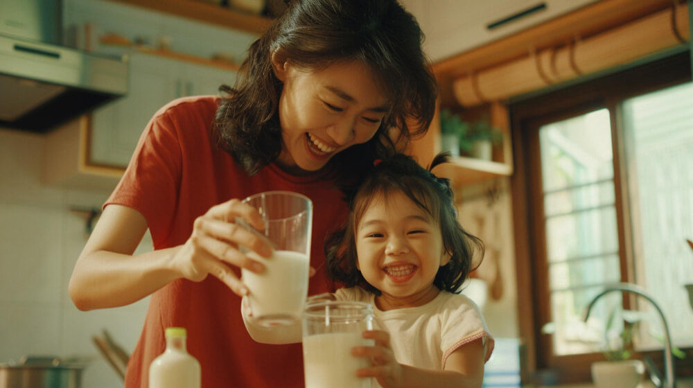 คุณยิ้มแย้มดื่มนมกับลูกน้อย