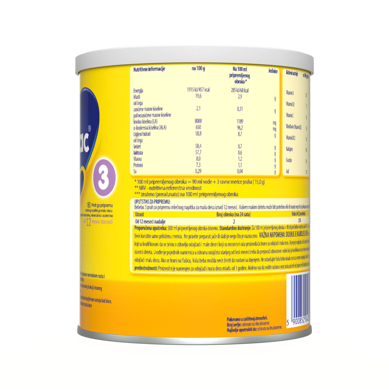 Bebelac® 3 Prah za pripremu mlečnog napitka za malu decu iznad 12 meseci 400 g - leva strana pakovanja 