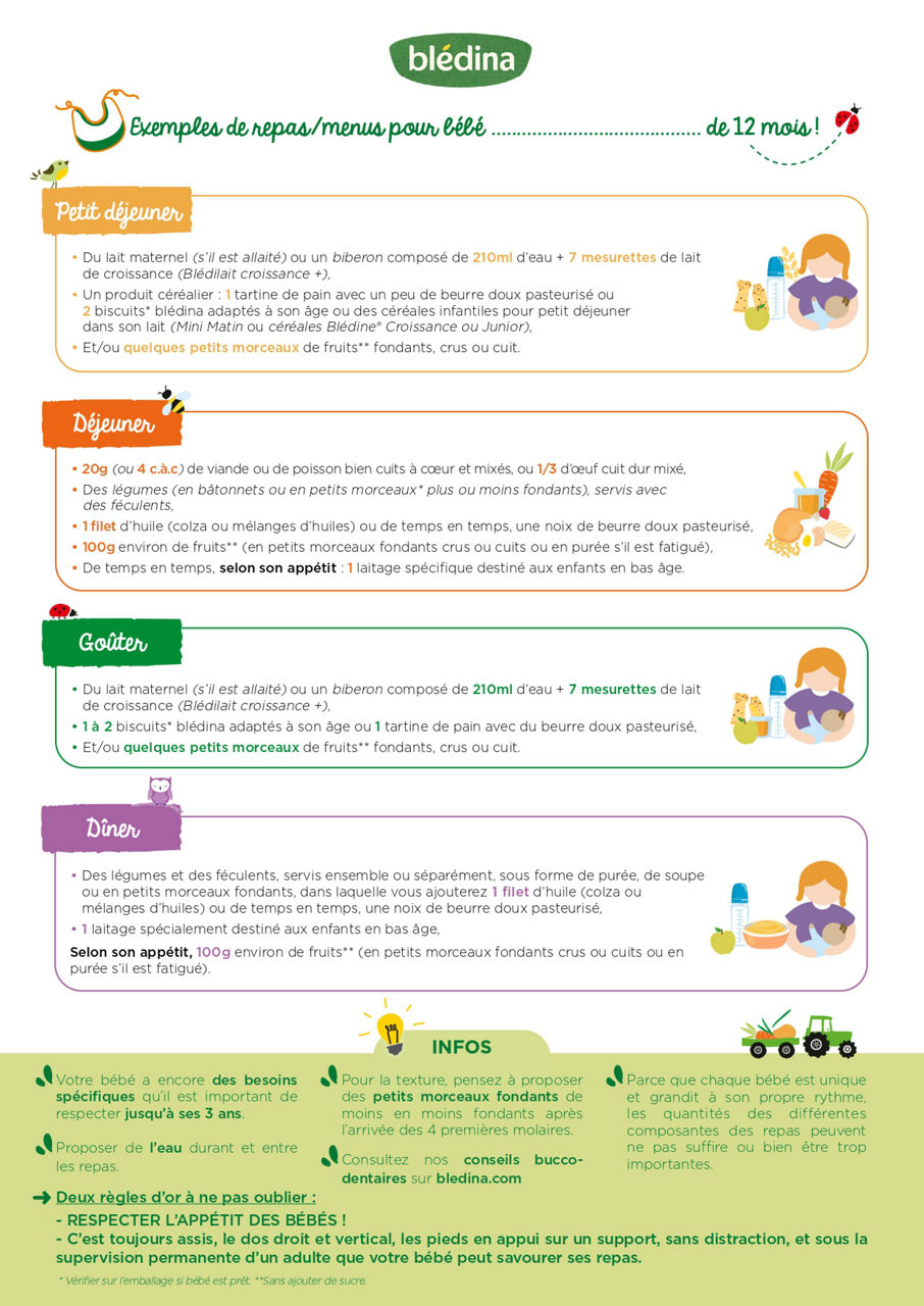 Exemples de repas Bledina pour les bebes de 12 mois et plus