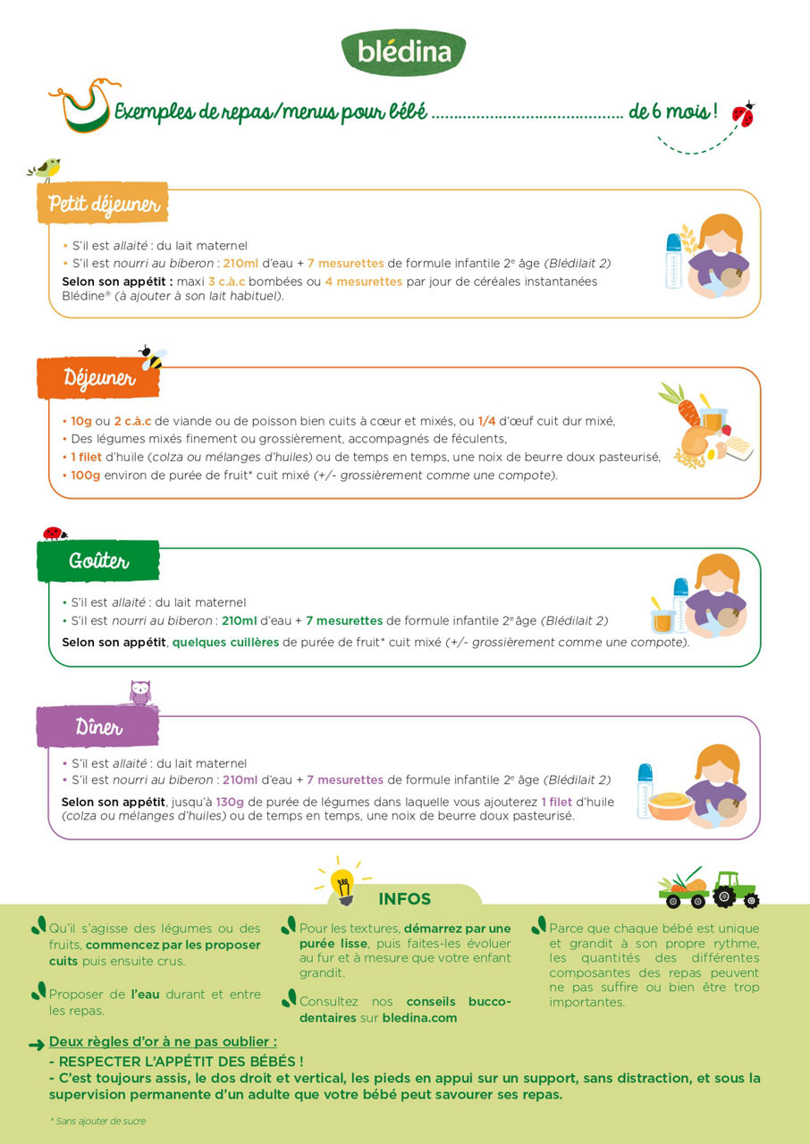 Exemples de repas Bledina pour bebes de 6 mois