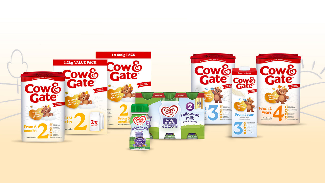 Picture of all cow and gate milk products on a yellow background