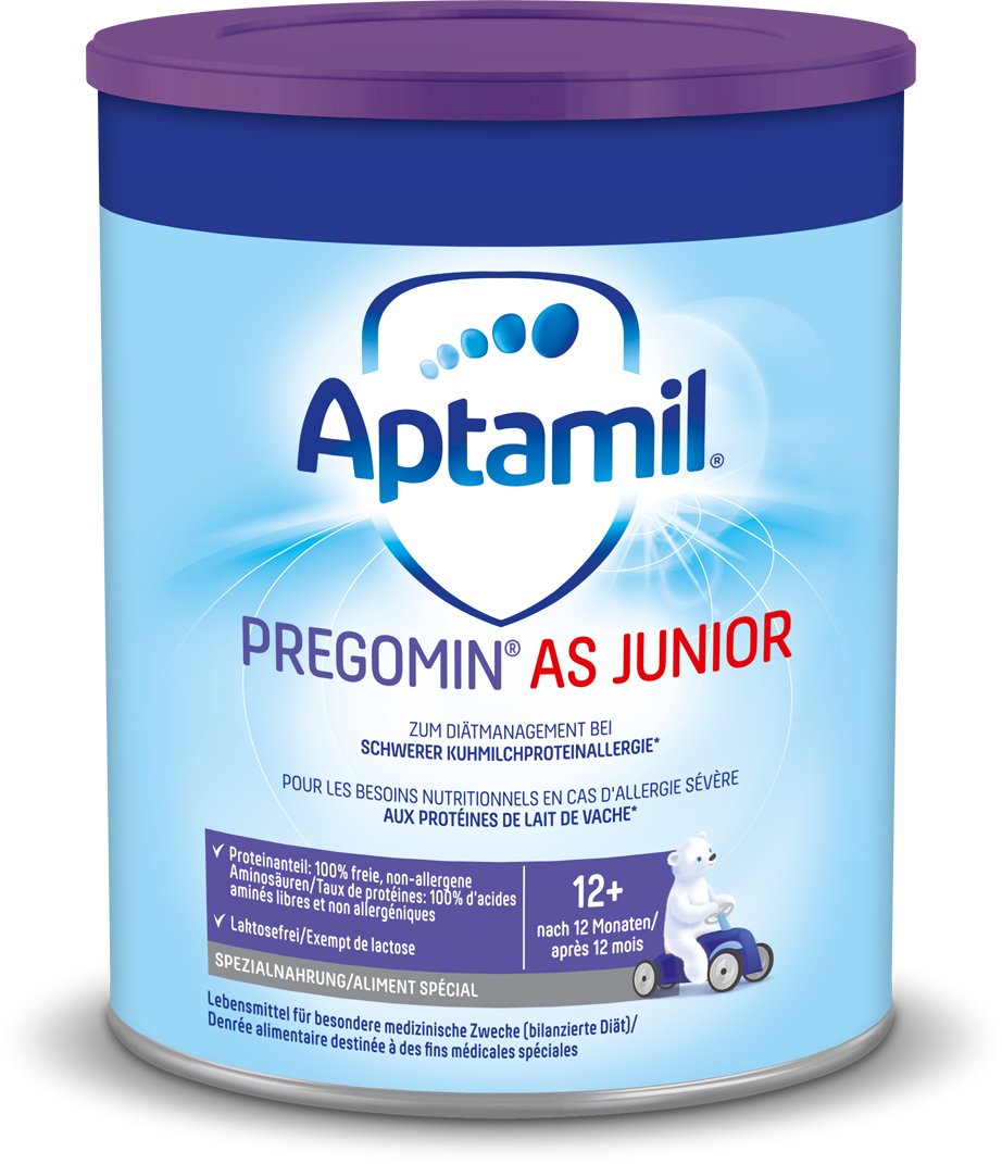 Spezialnahrung Aptamil Pregomin AS Junior für Kinder ab 12 Monaten bei schwerer Kuhmilchproteinallergie in Dose.