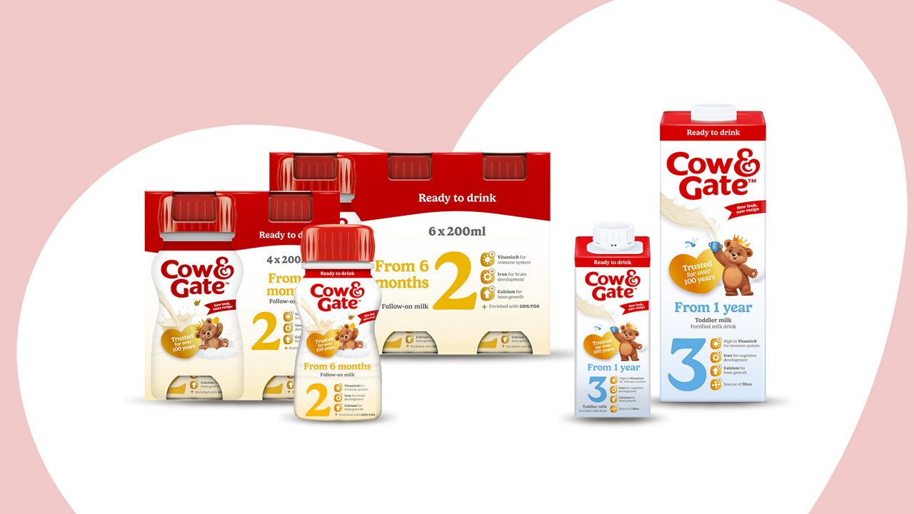 Picture of all cow and gate milk products on a yellow background
