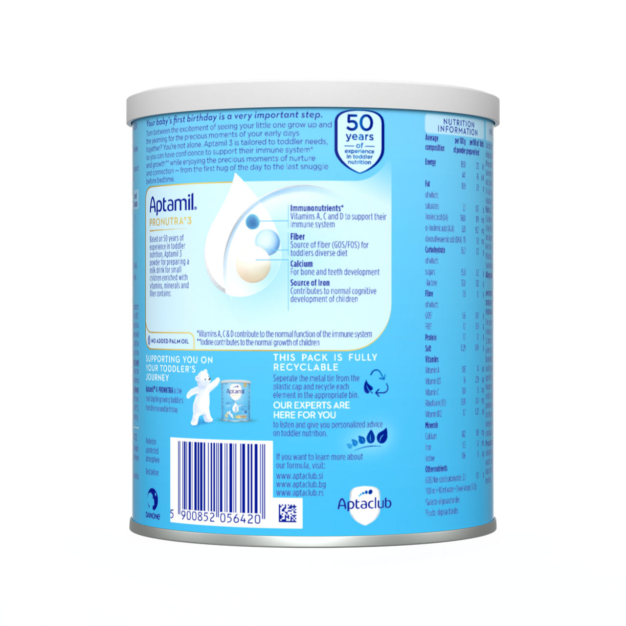 Aptamil® 3 PRONUTRA® prah za pripremu mlečnog napitka za malu decu od 12 do 24 meseca 400 g - zadnja strana pakovanja