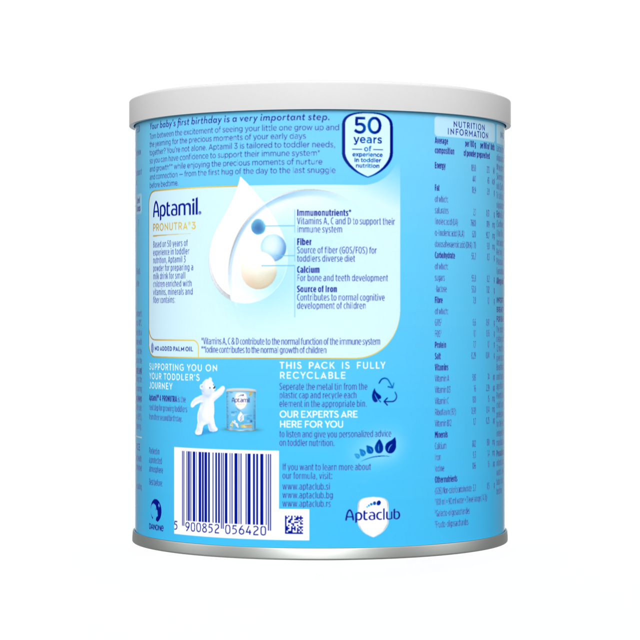 Aptamil® 3 PRONUTRA® prah za pripremu mlečnog napitka za malu decu od 12 do 24 meseca 400 g - zadnja strana pakovanja