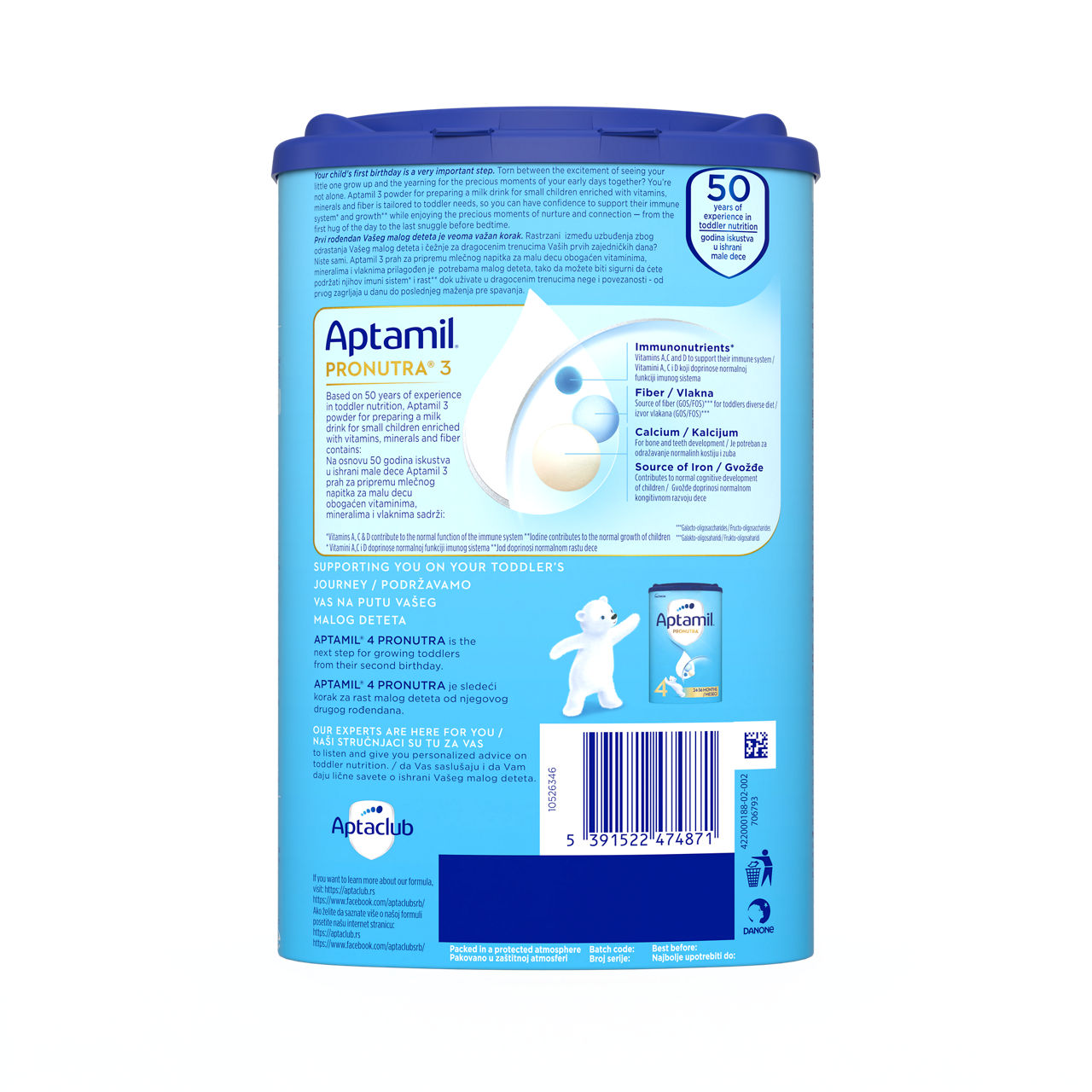 Aptamil® 3 PRONUTRA® prah za pripremnu mlečnog napitka za malu decu od 12-24 meseca 800 g - zadnja strana pakovanja