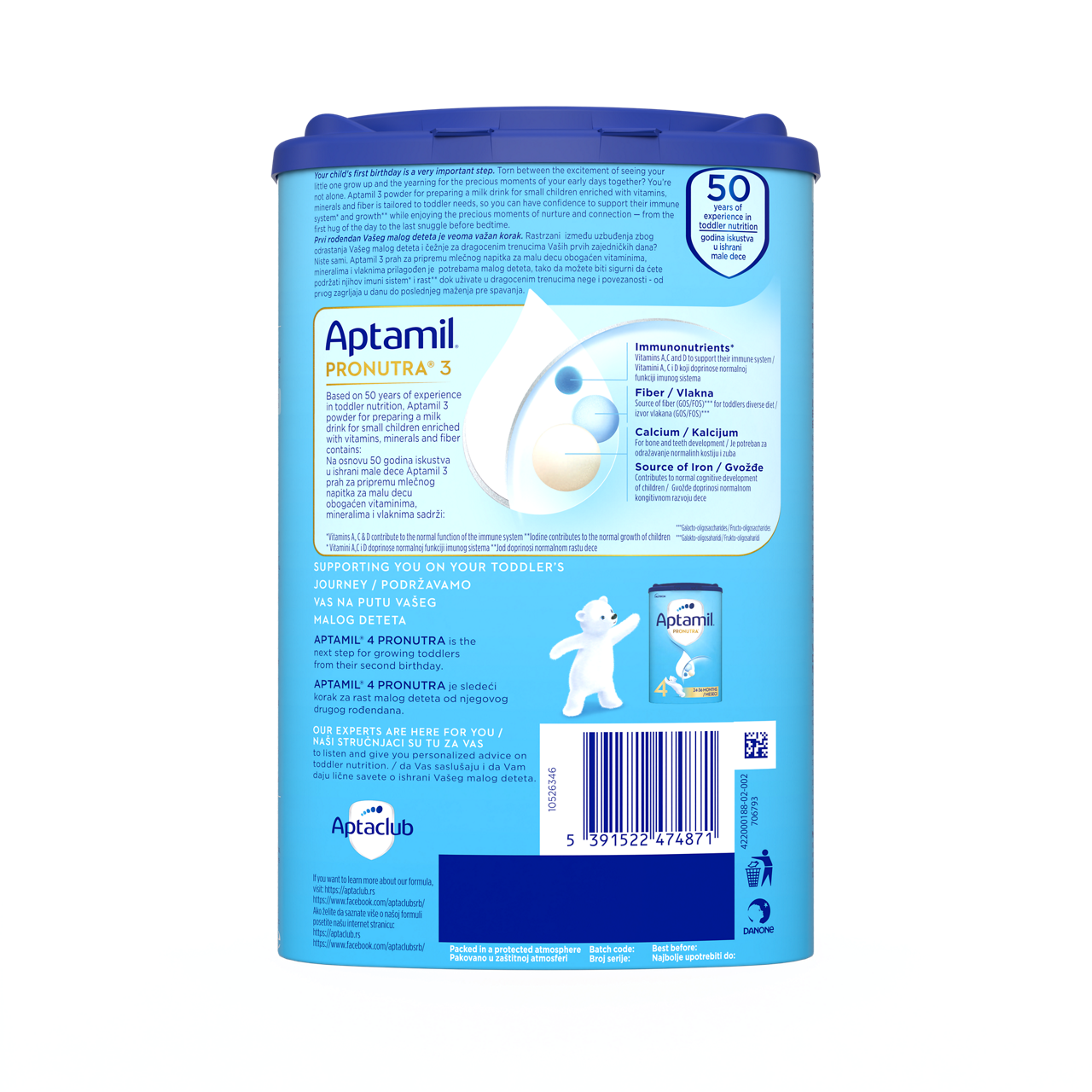 Aptamil® 3 PRONUTRA® prah za pripremnu mlečnog napitka za malu decu od 12-24 meseca 800 g - zadnja strana pakovanja