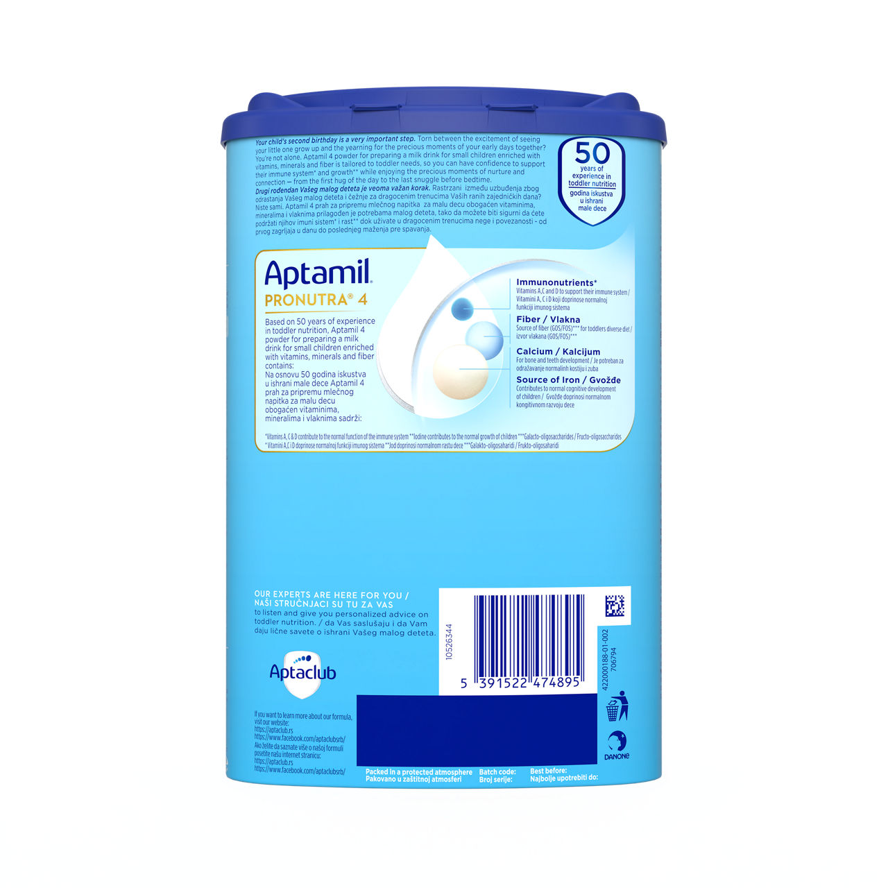 Aptamil® 4 PRONUTRA® prah za pripremnu mlečnog napitka za malu decu od 24-36 meseci 800 g - zadnja strana pakovanja