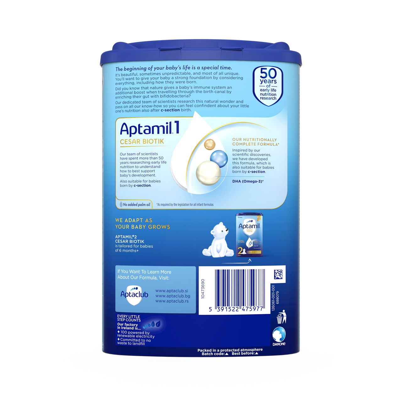 Aptamil® 1 CESAR BIOTIK Početno mleko za odojčad 800 g - zadnja strana pakovanja